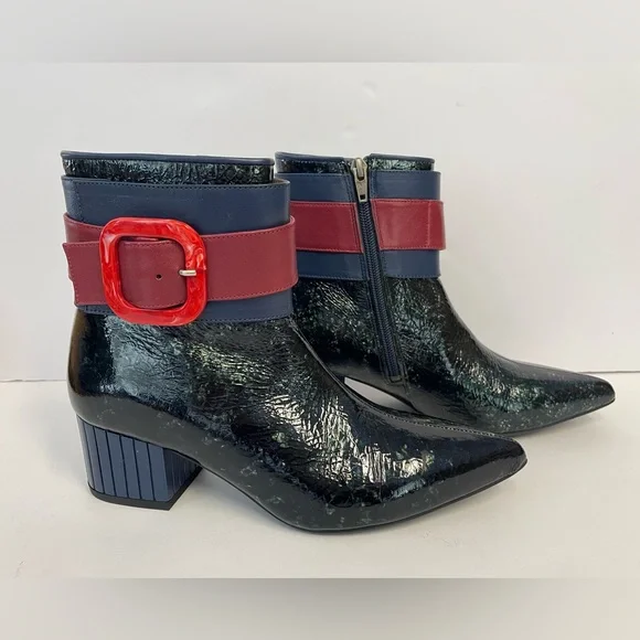 John Fluevog effortless Miranda Ankle Boots patent leather black heel sapphire 7